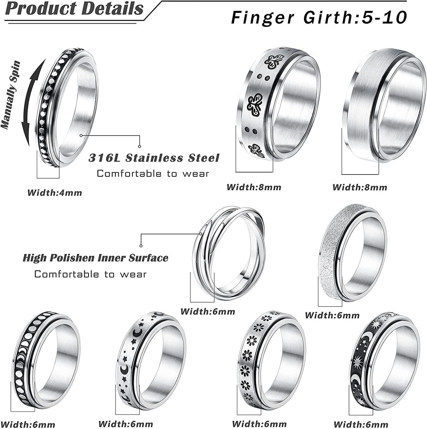 9Pcs Stainless Steel Anxiety Rings Size 6