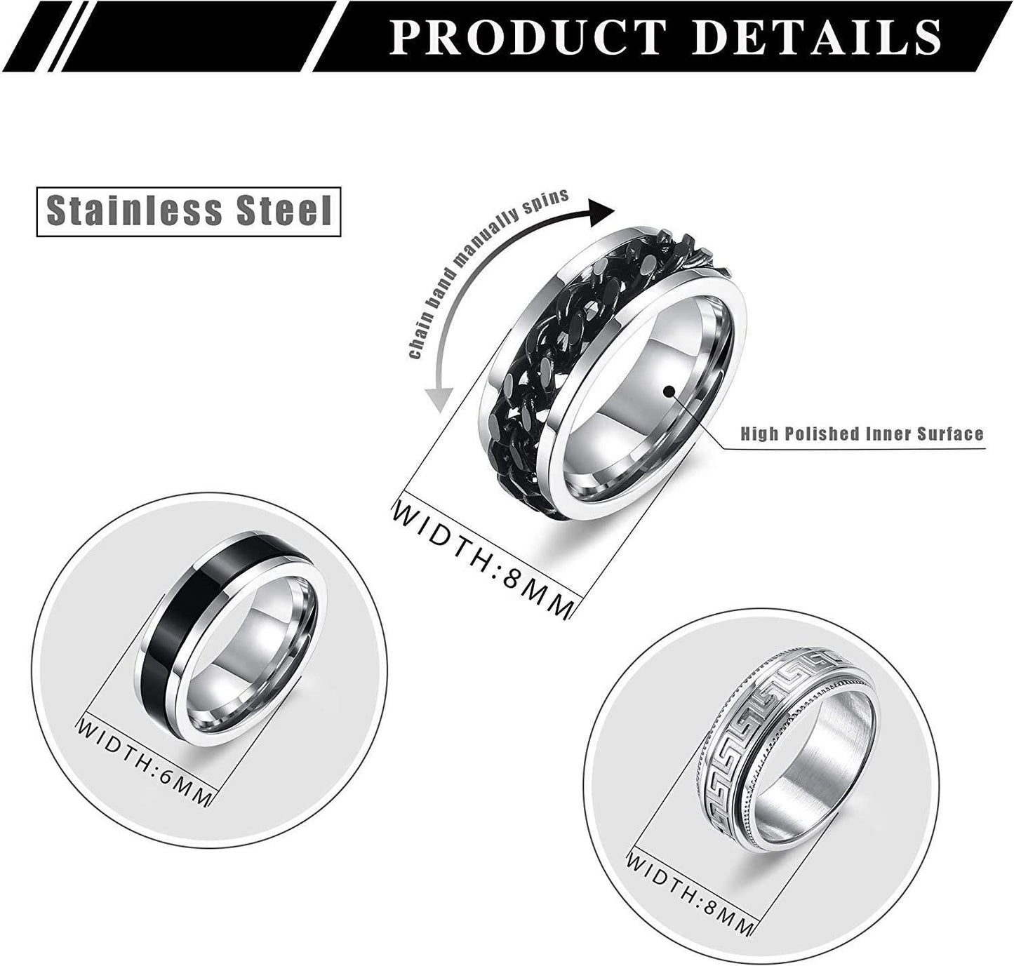 3PCS Stainless Steel Band Fidget Rings Size 9