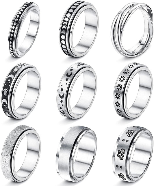 9Pcs Stainless Steel Fidget Band Spinner Rings