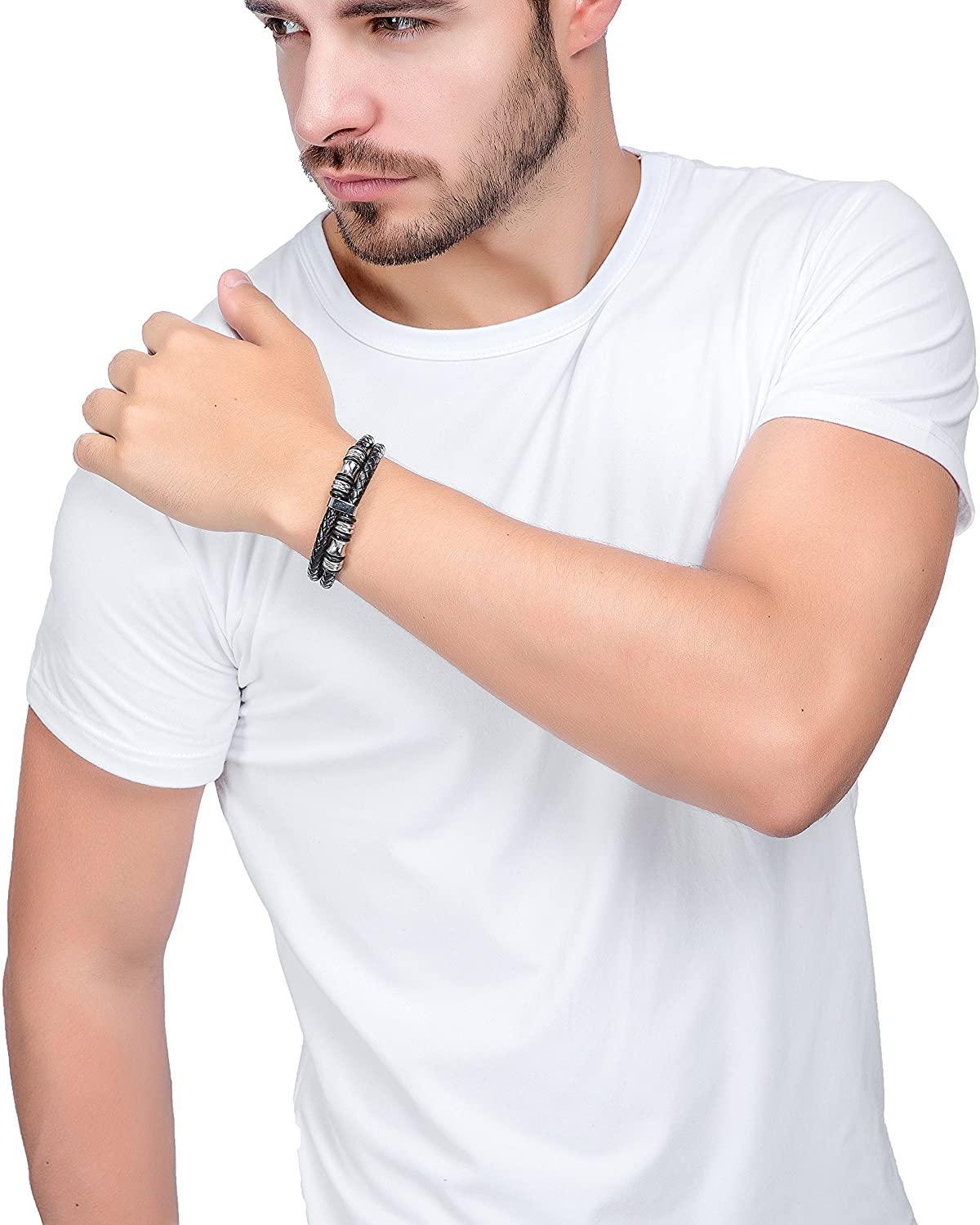 Stainless Steel Braided Leather Bracelet Bangle Rope Magnetic-Clasp 8 Inch