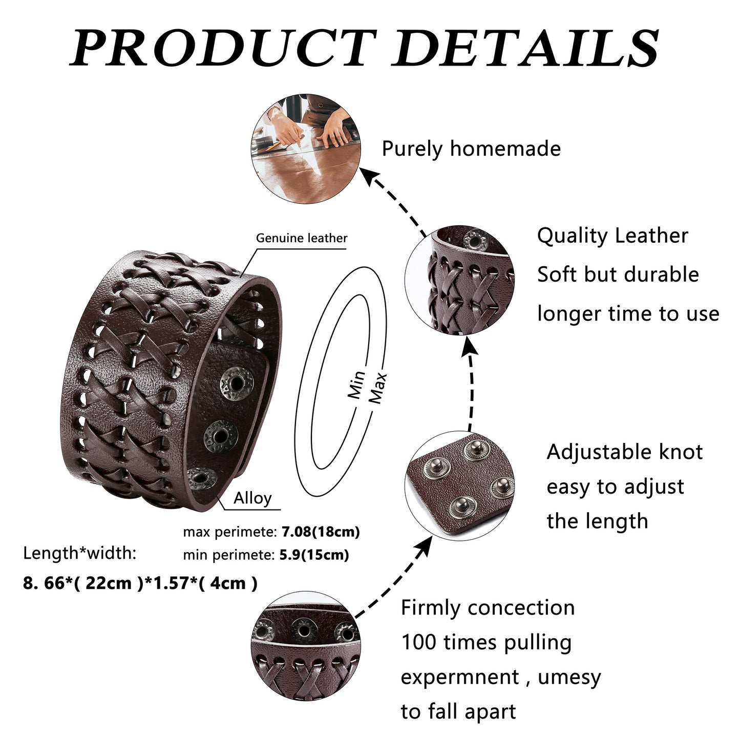 3 Pack Leather Bracelet Men's Punk Woven Cuff Wide Bracelet Brown Vintage Rock Adjustable Bracelet Handmade Jewelry Gift