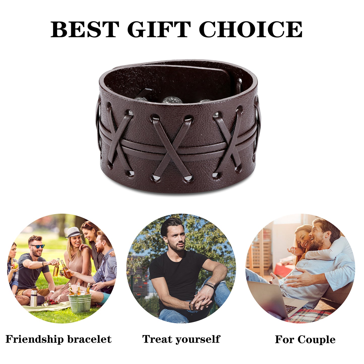 3 Pack Leather Bracelet Men's Punk Woven Cuff Wide Bracelet Brown Vintage Rock Adjustable Bracelet Handmade Jewelry Gift
