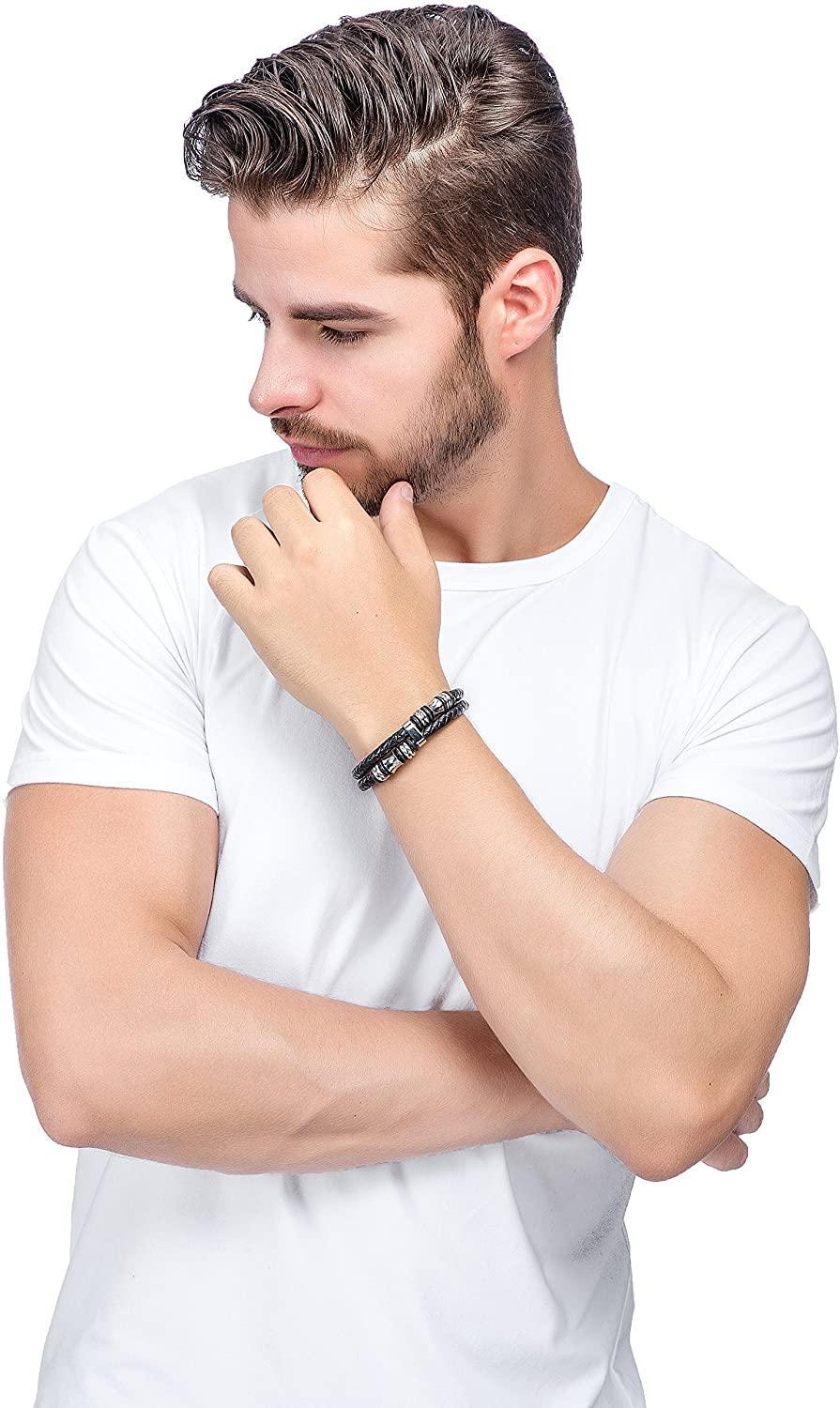 Stainless Steel Braided Leather Bracelet Bangle Rope Magnetic-Clasp 8 Inch