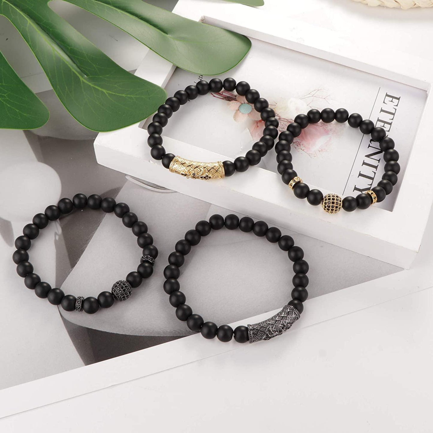 4PCS 8MM Bead Charm Bracelet Set 7.5"