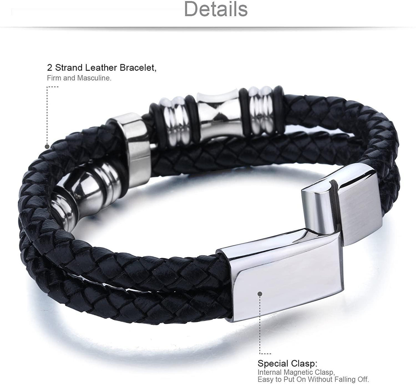 Stainless Steel Braided Leather Bracelet Bangle Rope Magnetic-Clasp 8 Inch