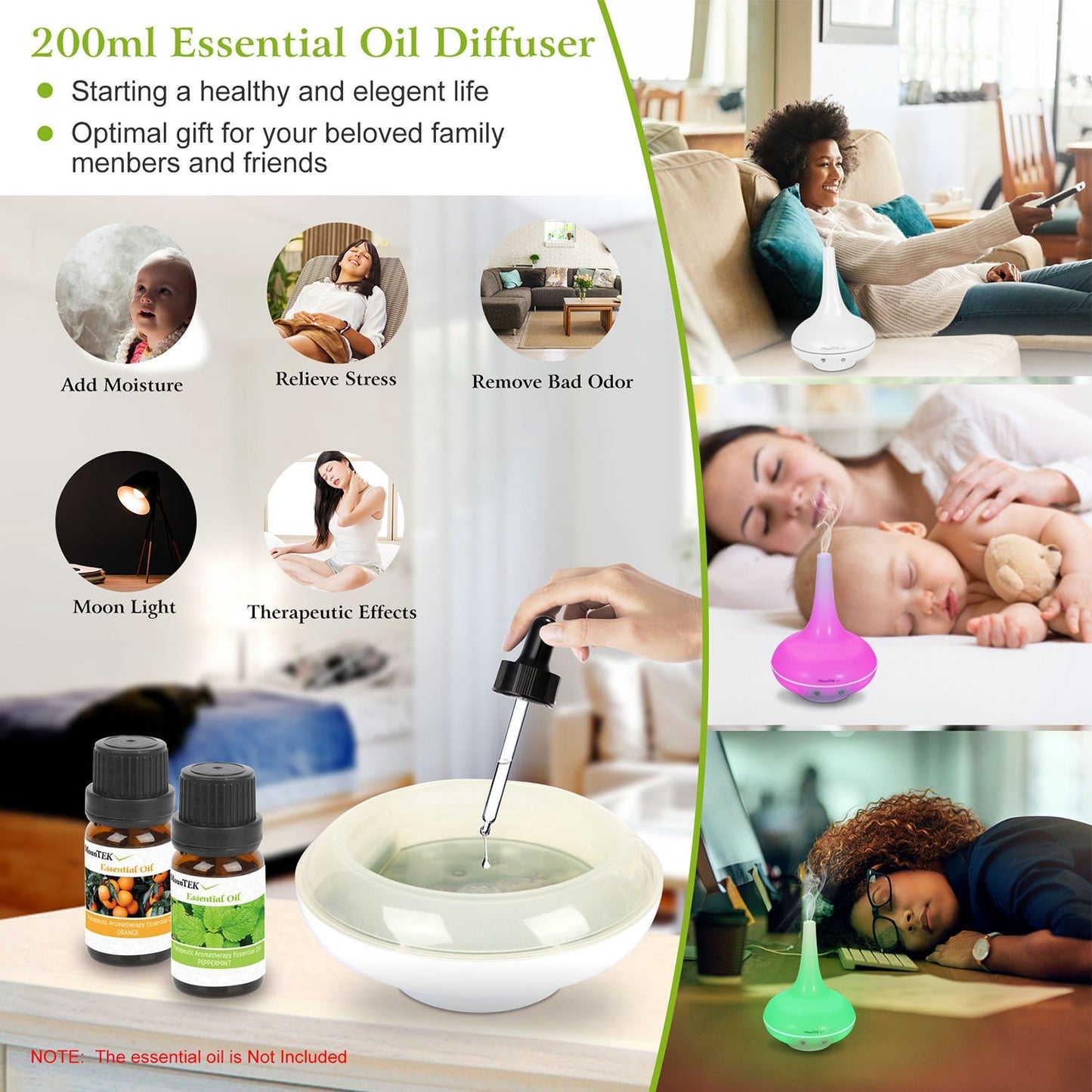 200ml Cool Mist Humidifier Essential Oil Diffuser w/7 Color LED Lights