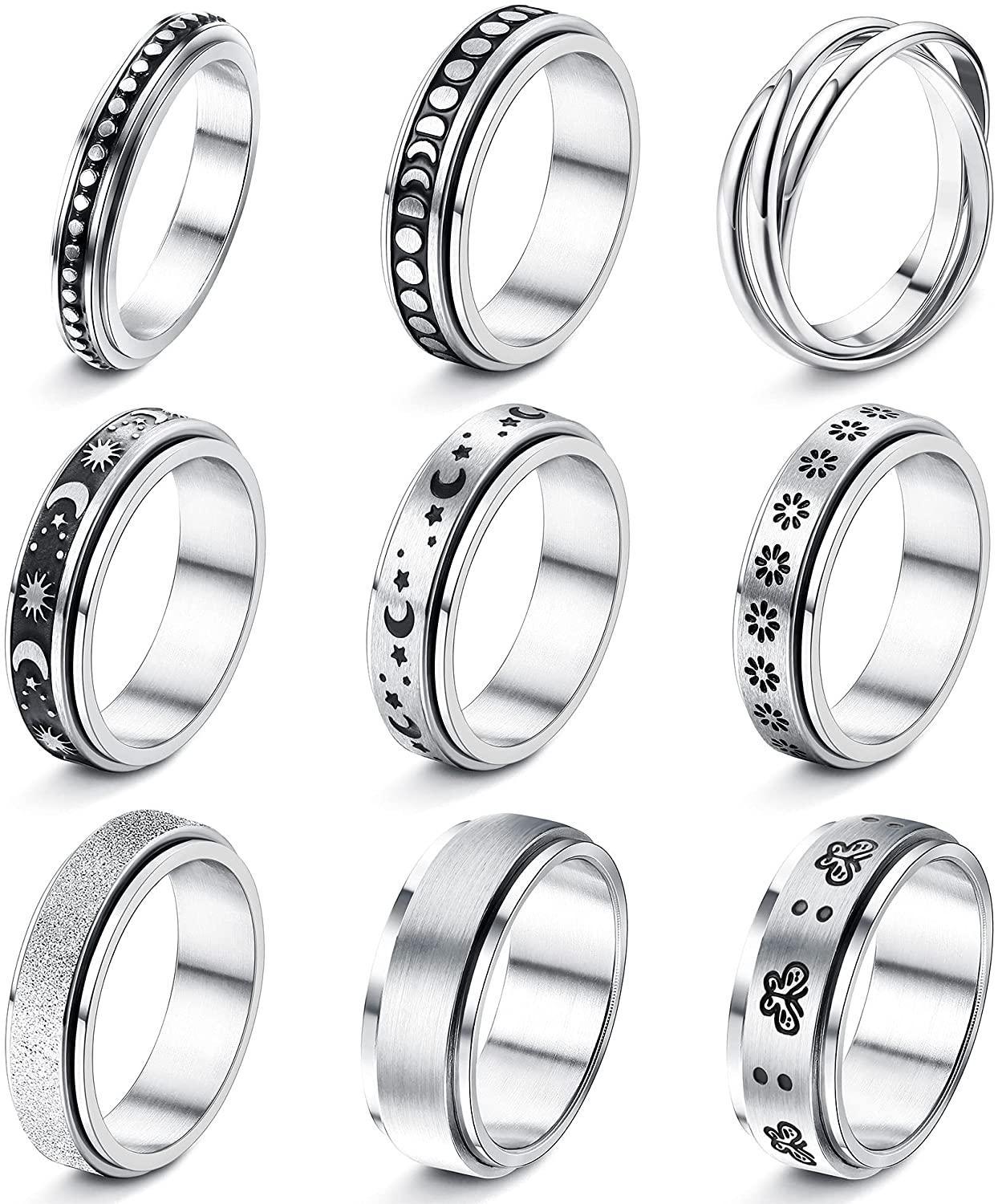 9Pcs Stainless Steel Anxiety Rings Size 6