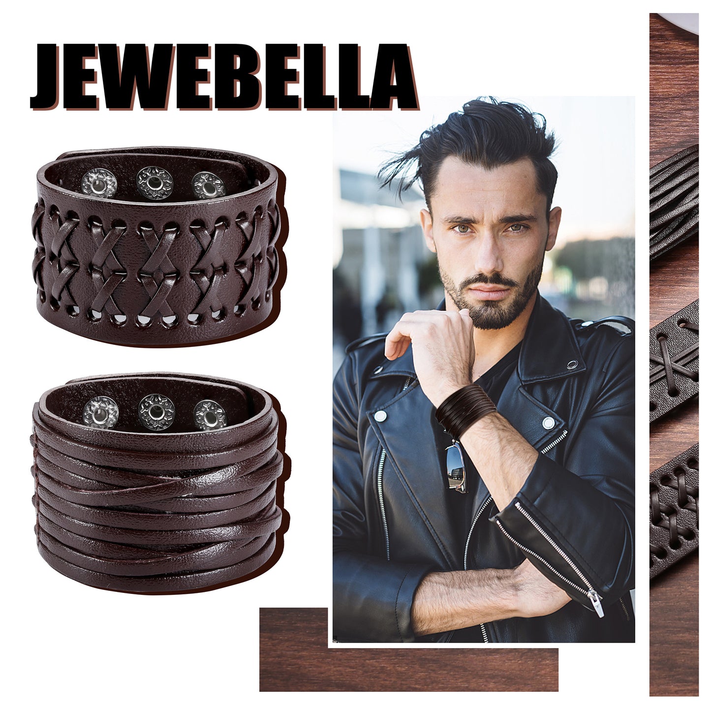 3 Pack Leather Bracelet Men's Punk Woven Cuff Wide Bracelet Brown Vintage Rock Adjustable Bracelet Handmade Jewelry Gift