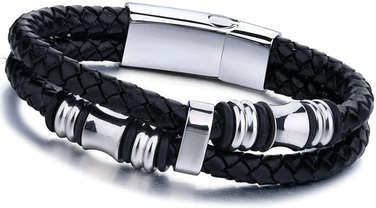 Stainless Steel Braided Leather Bracelet Bangle Rope Magnetic-Clasp 8 Inch