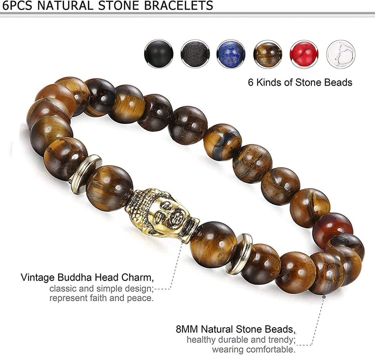9Pcs Beaded Bracelets Lava Rock Stone