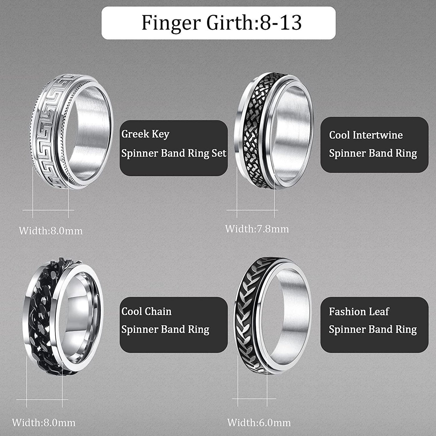 4PCS Stainless Spinner Rings Size 11