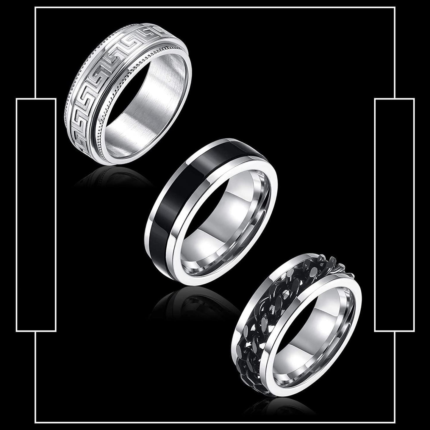 3PCS Stainless Steel Band Fidget Rings Size 9