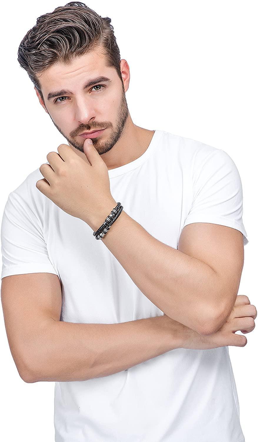 Stainless Steel Braided Leather Bracelet Bangle Rope Magnetic-Clasp 8 Inch