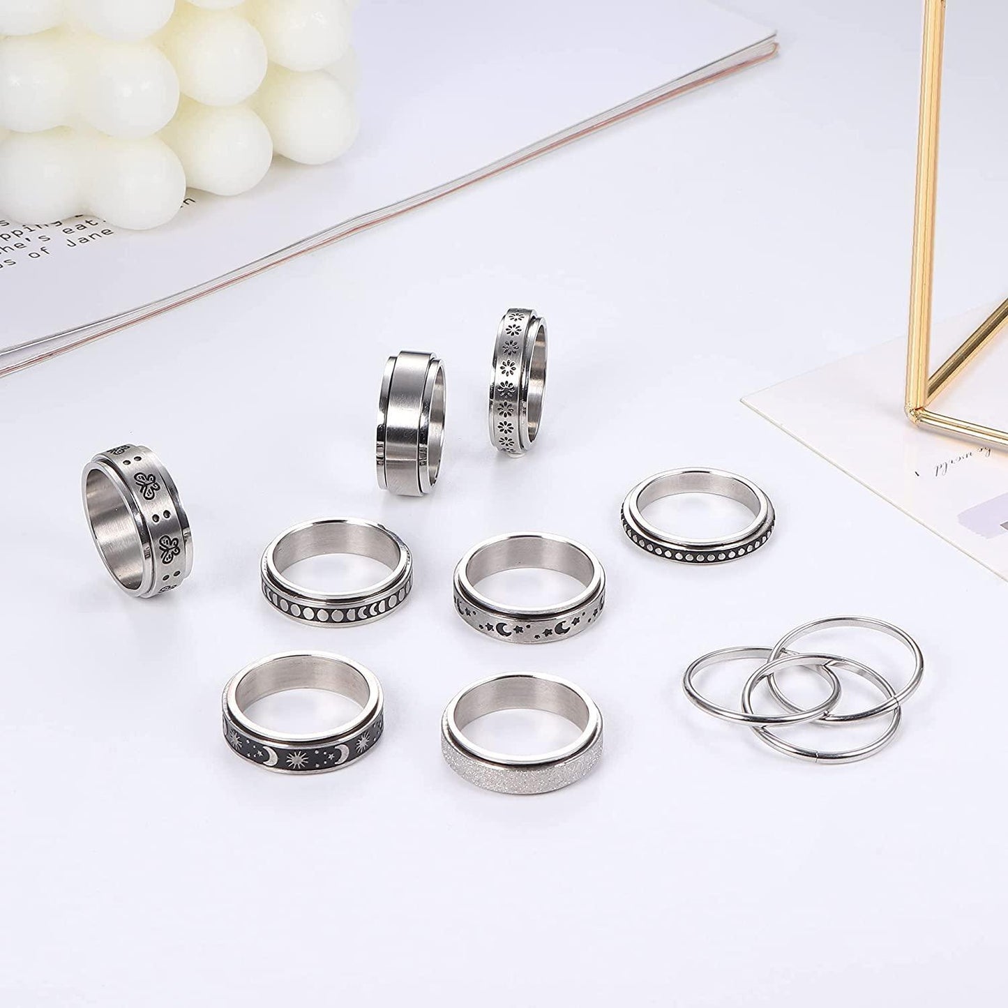 9Pcs Stainless Steel Anxiety Rings Size 6