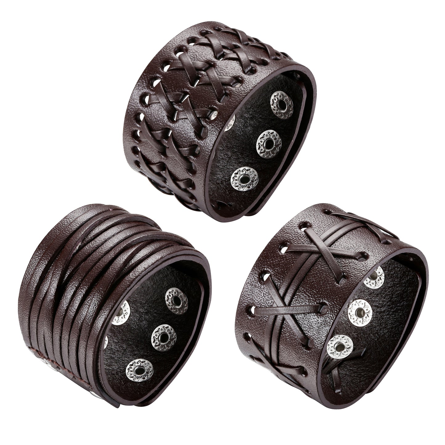 3 Pack Leather Bracelet Men's Punk Woven Cuff Wide Bracelet Brown Vintage Rock Adjustable Bracelet Handmade Jewelry Gift