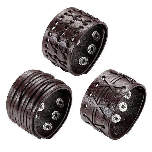 3 Pack Leather Bracelet Men's Punk Woven Cuff Wide Bracelet Brown Vintage Rock Adjustable Bracelet Handmade Jewelry Gift