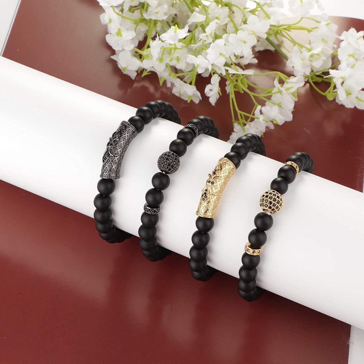 4PCS 8MM Bead Charm Bracelet Set 7.5"