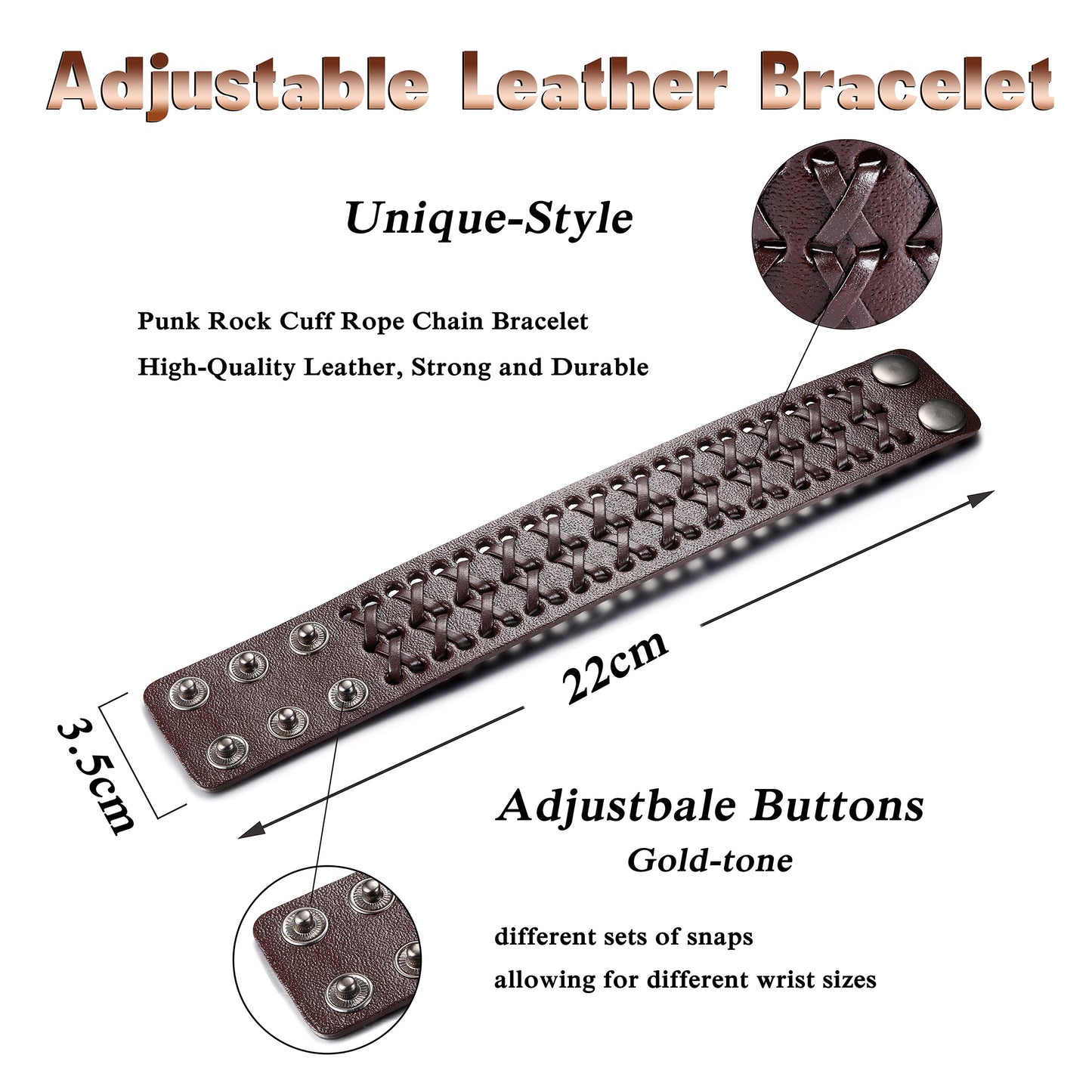 3 Pack Leather Bracelet Men's Punk Woven Cuff Wide Bracelet Brown Vintage Rock Adjustable Bracelet Handmade Jewelry Gift