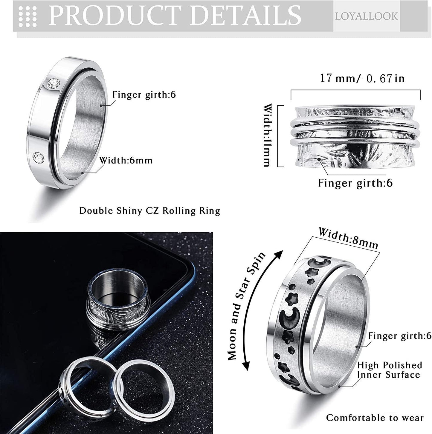 3Pcs Meditation Spinner Ring Size 7