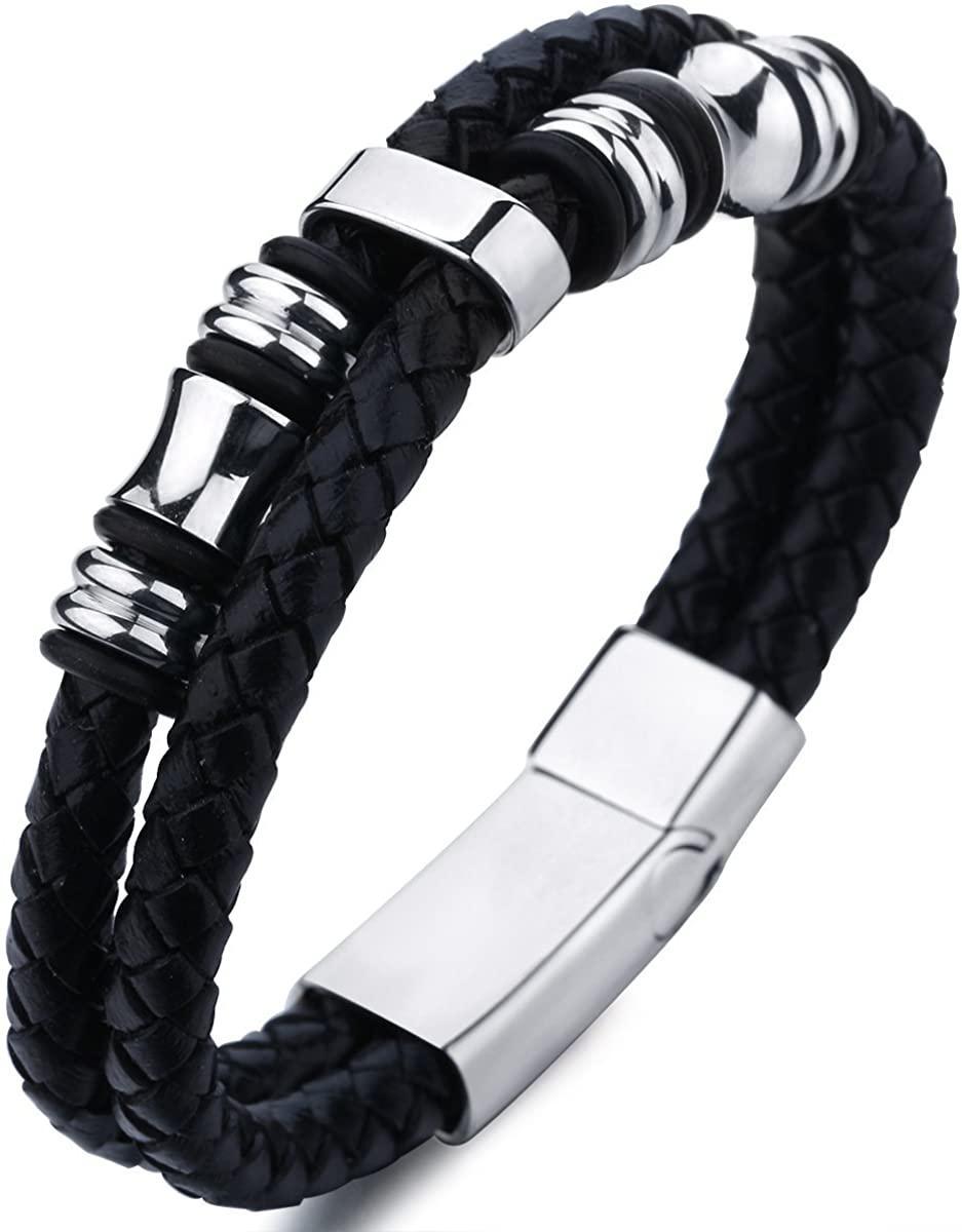 Stainless Steel Braided Leather Bracelet Bangle Rope Magnetic-Clasp 8 Inch