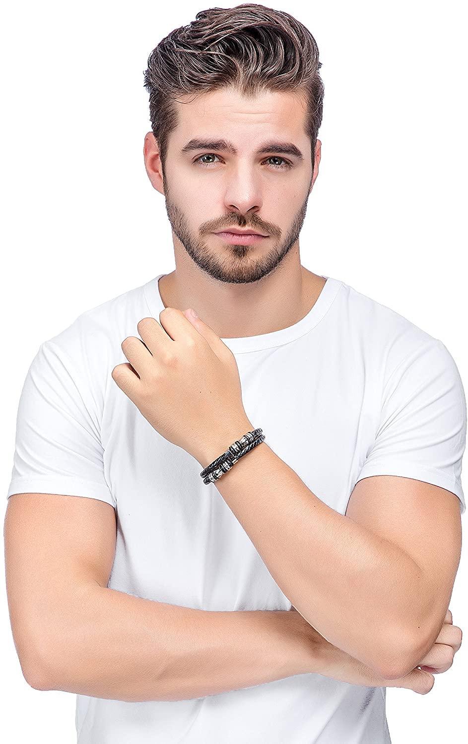 Stainless Steel Braided Leather Bracelet Bangle Rope Magnetic-Clasp 8 Inch