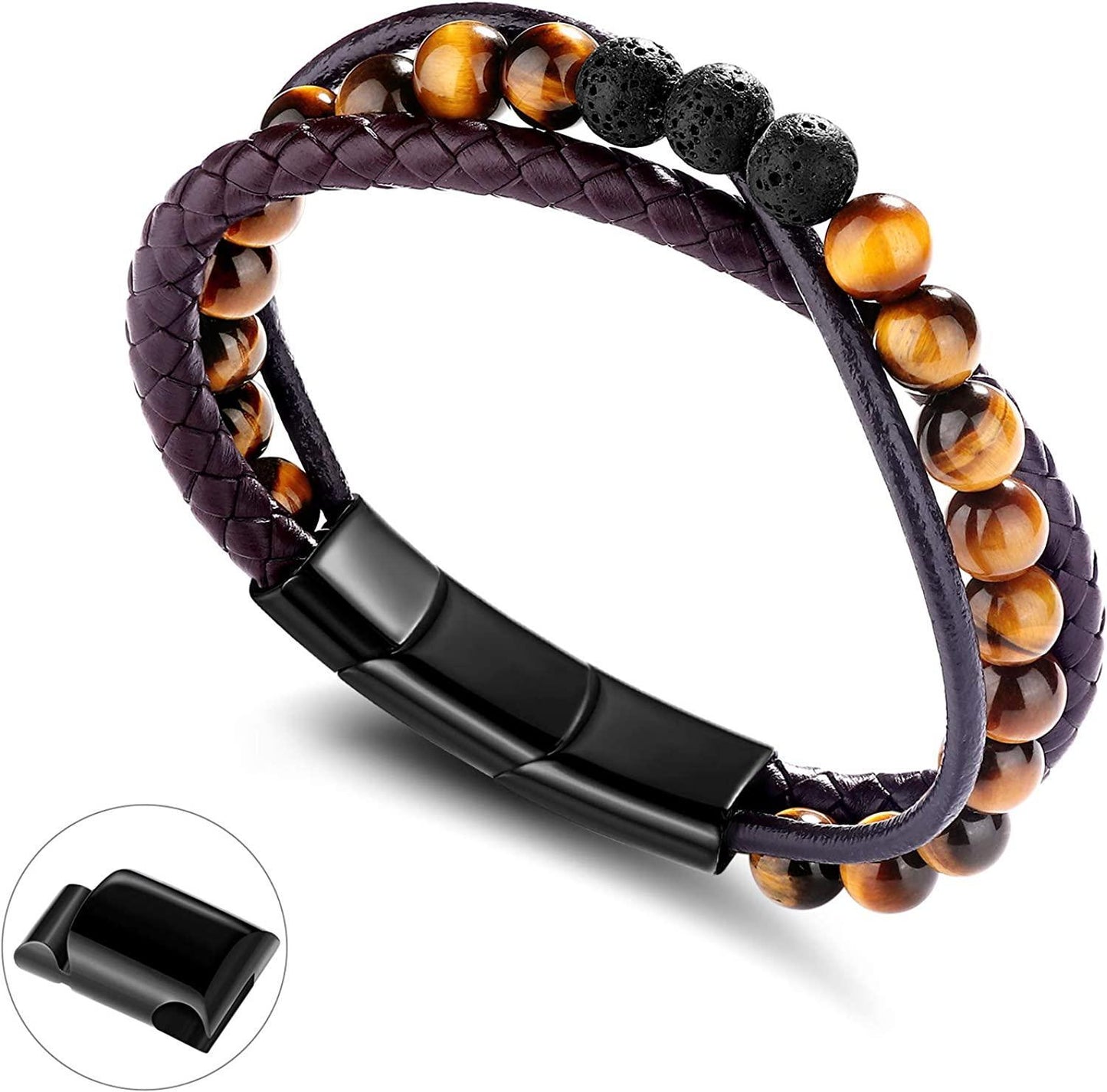Leather Braided 8MM Lava and Onyx Bead Bracelet