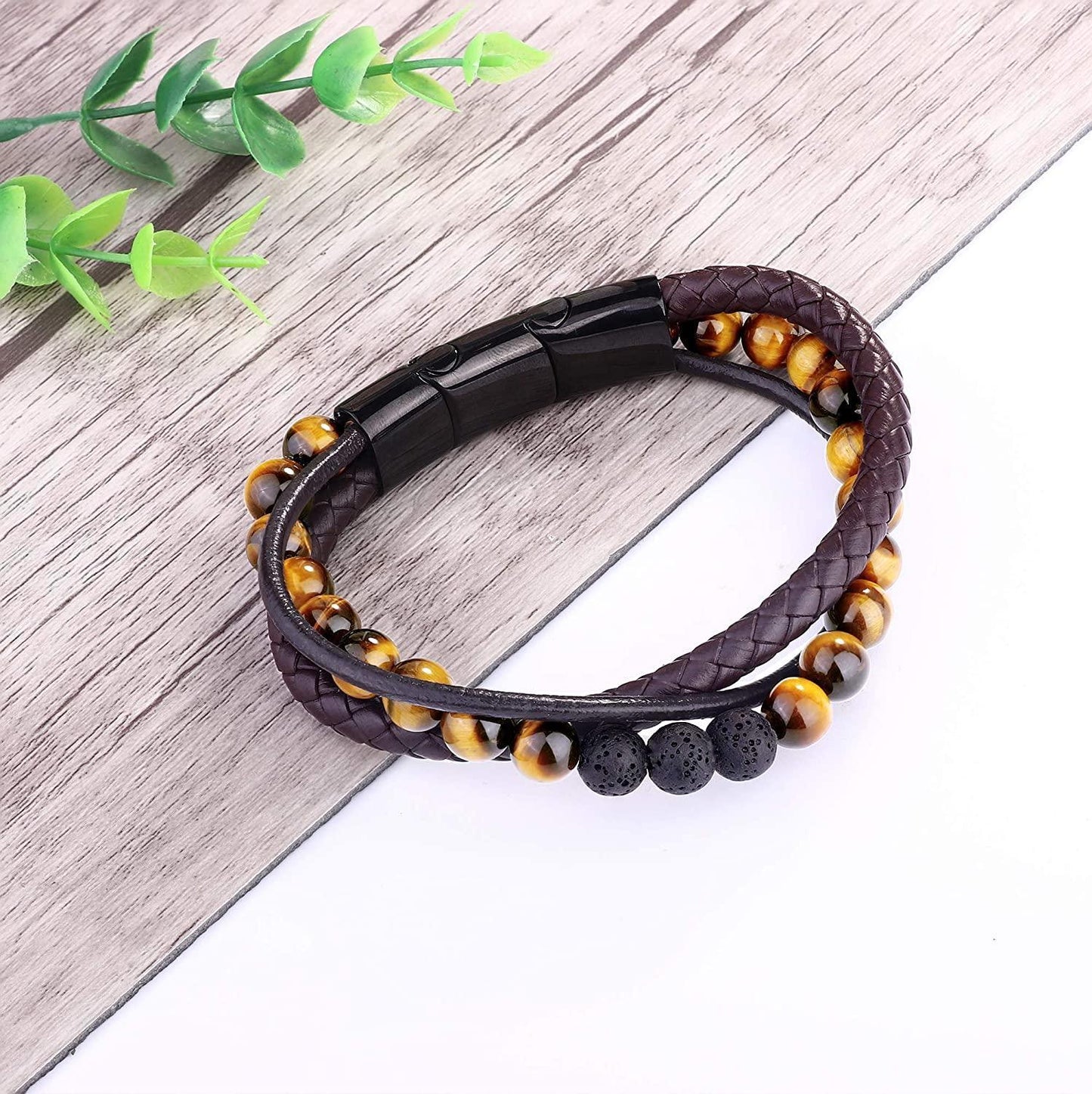 Leather Braided 8MM Lava and Onyx Bead Bracelet