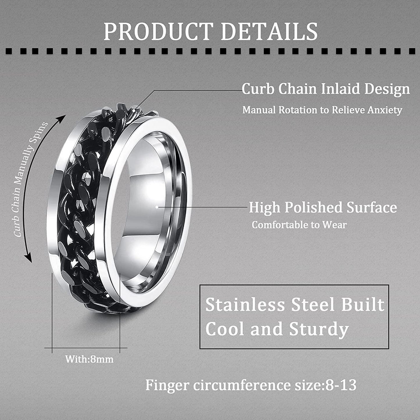 4PCS Stainless Spinner Rings Size 11