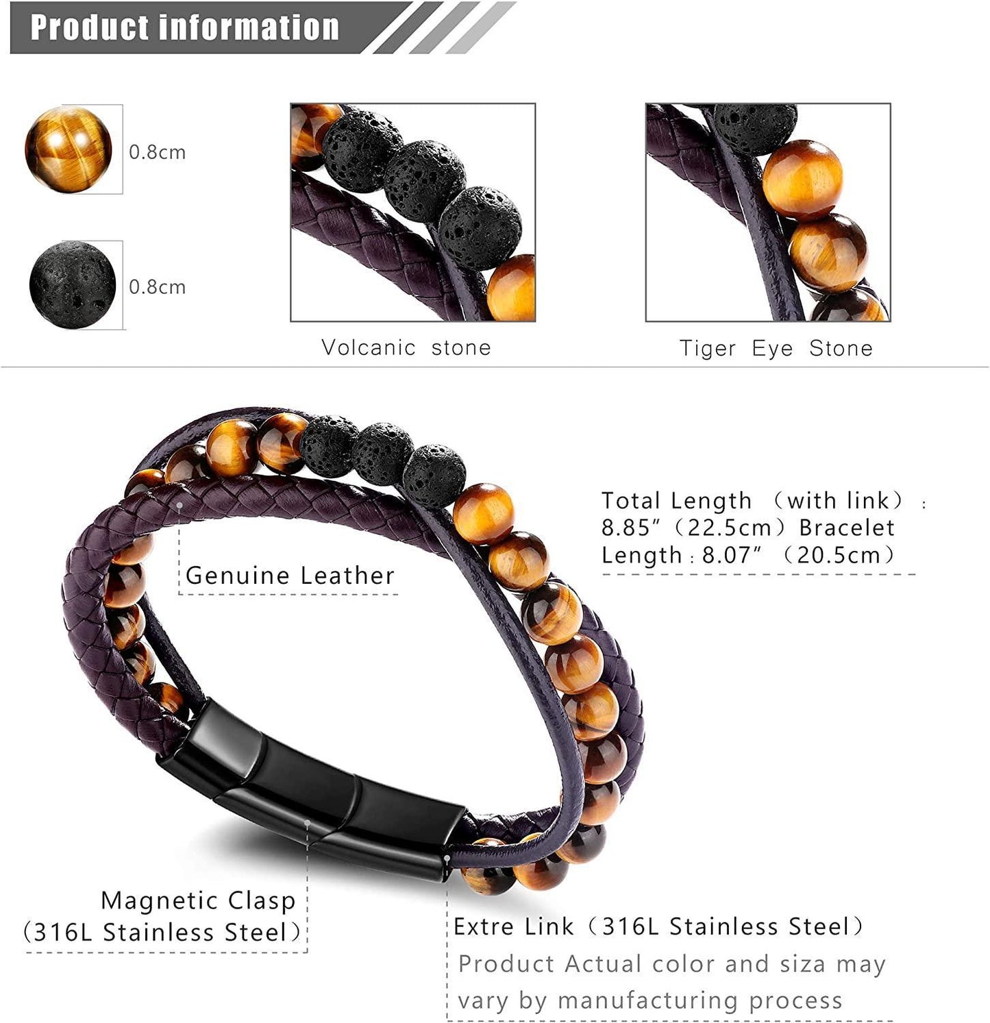 Leather Braided 8MM Lava and Onyx Bead Bracelet