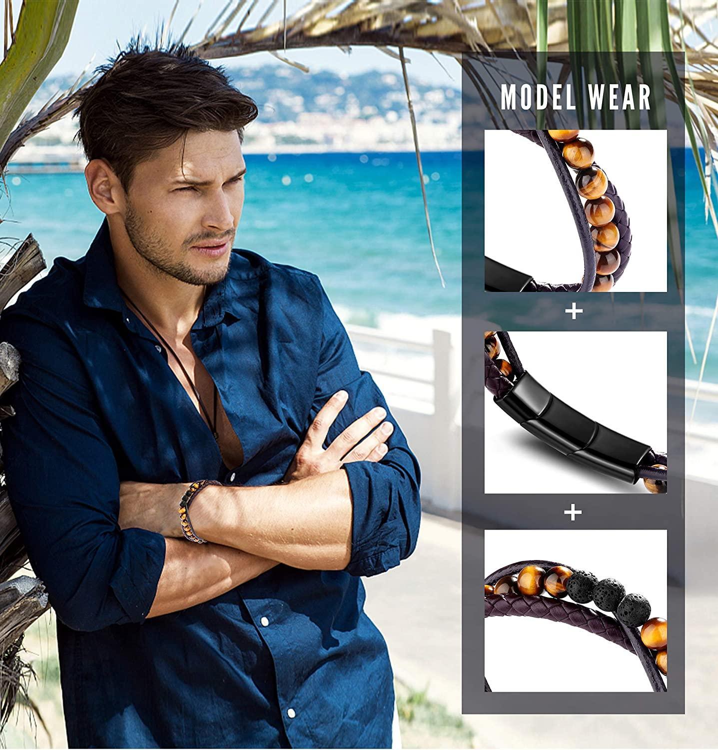 Leather Braided 8MM Lava and Onyx Bead Bracelet