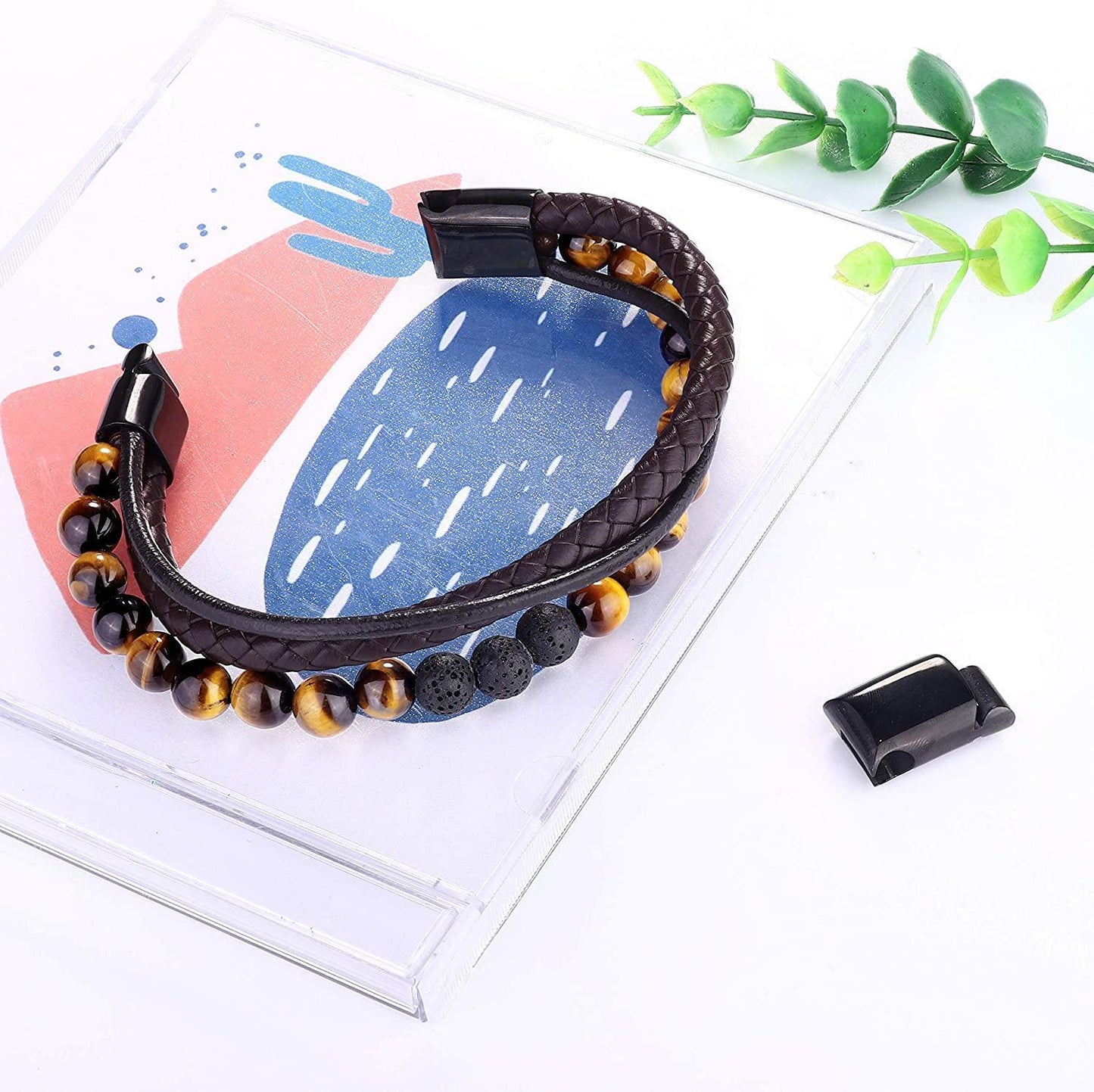 Leather Braided 8MM Lava and Onyx Bead Bracelet