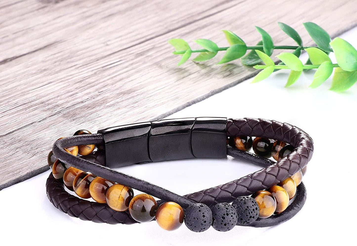 Leather Braided 8MM Lava and Onyx Bead Bracelet
