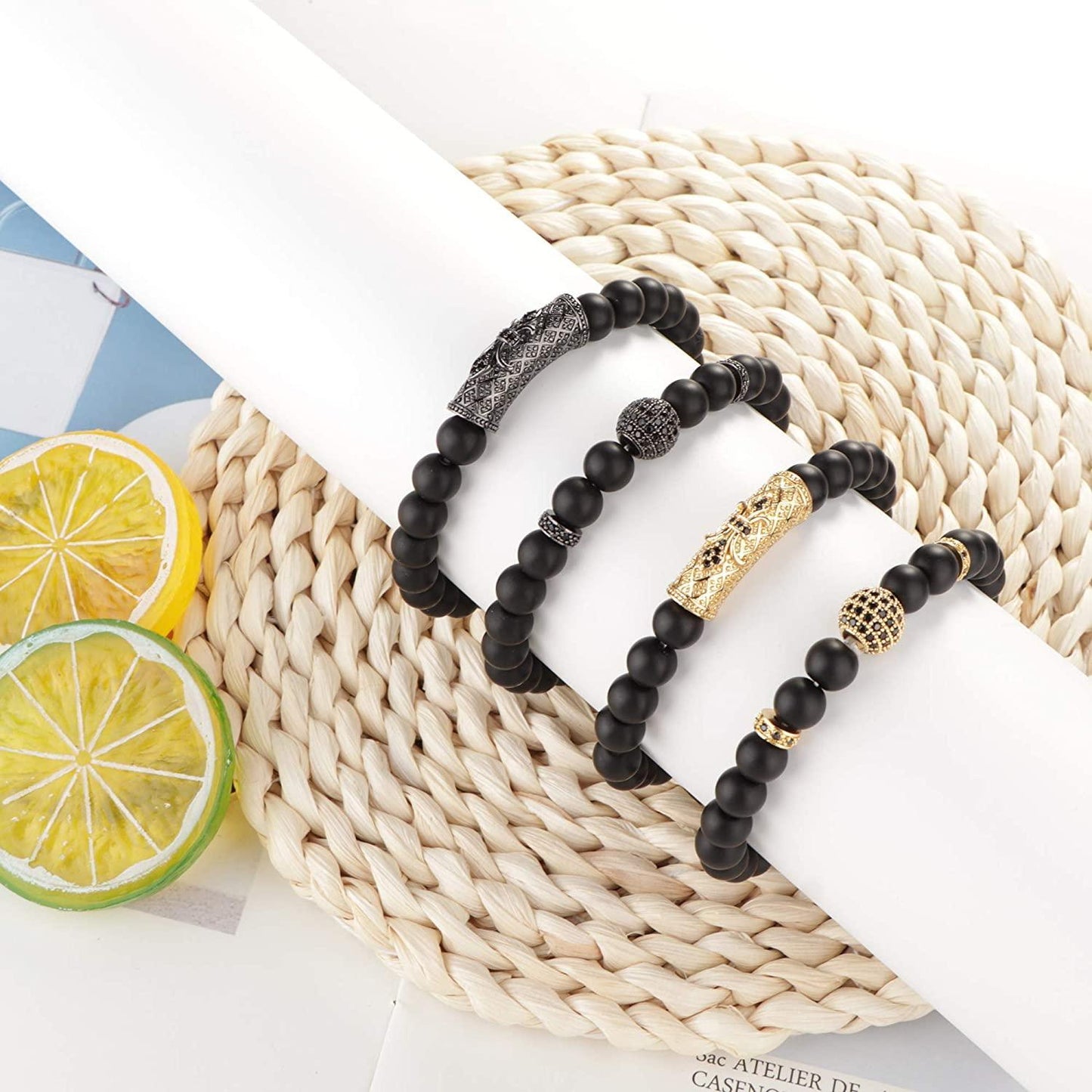 4PCS 8MM Bead Charm Bracelet Set 7.5"